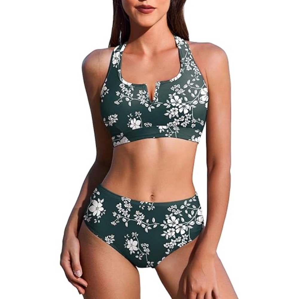 Floral High-Neck Bikini Set in Dark Green